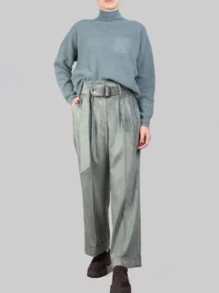 PANTALONI A VITA ALTA CON CINTURA IN VELLUTO VERDE ZINCO A COSTE