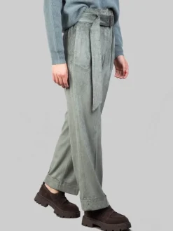 PANTALONI A VITA ALTA CON CINTURA IN VELLUTO VERDE ZINCO A COSTE