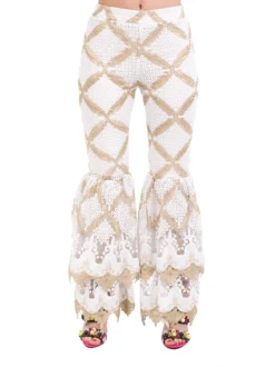 PANTALONI BIANCO E ORO VITA ALTA CON TULLE E RICAMI