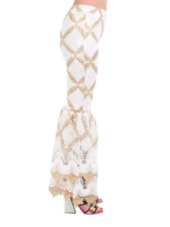 PANTALONI BIANCO E ORO VITA ALTA CON TULLE E RICAMI
