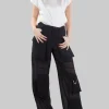 PANTALONI CAMPOFIORIN CARGO NERI IN GEORGETTE CON TRASPARENZE