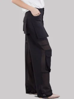 PANTALONI CAMPOFIORIN CARGO NERI IN GEORGETTE CON TRASPARENZE