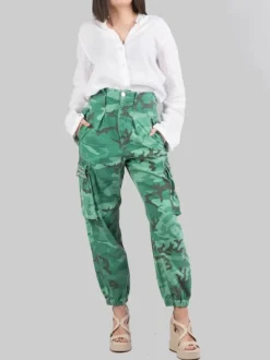 PANTALONI CARGO IN COTONE STAMPA MILITARE CON BORCHIE E STRASS