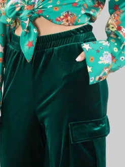 PANTALONI CARGO IN VELLUTO VERDE BOSCO CON ELASTICO IN VITA