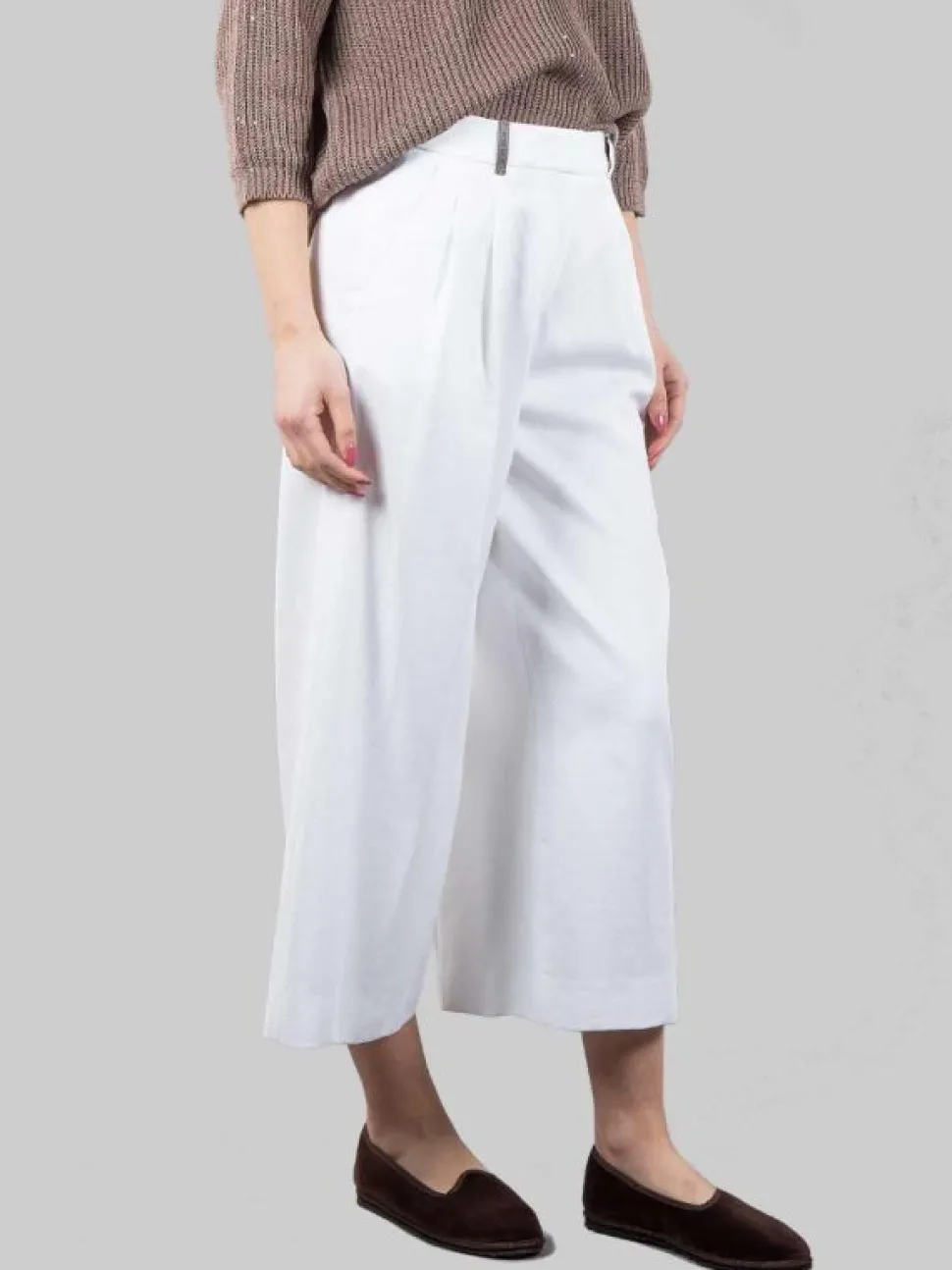 PANTALONI CROPPED BIANCHI IN LINO E COTONE
