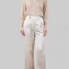 PANTALONI CROPPED IN MISTO LINO E VISCOSA CHAMPAGNE CON RISVOLTI