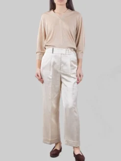 PANTALONI CROPPED IN MISTO LINO E VISCOSA CHAMPAGNE CON RISVOLTI