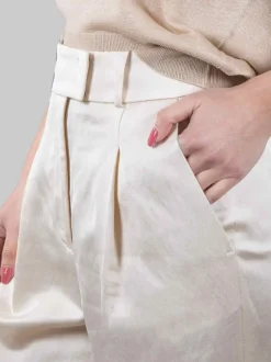 PANTALONI CROPPED IN MISTO LINO E VISCOSA CHAMPAGNE CON RISVOLTI