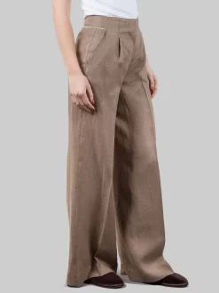 PANTALONI IN LINO A VITA ALTA CON PINCES MARRONI
