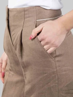 PANTALONI IN LINO A VITA ALTA CON PINCES MARRONI