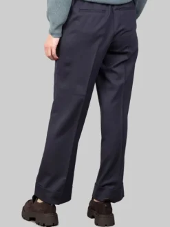 PANTALONI IN MISTO LANA BLU A VITA ALTA CON PINCES E CINTURA IN VITA