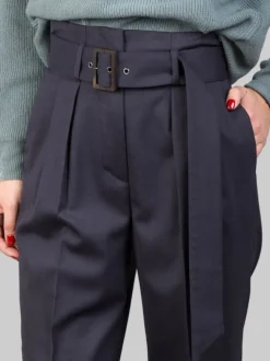 PANTALONI IN MISTO LANA BLU A VITA ALTA CON PINCES E CINTURA IN VITA