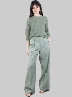 PANTALONI IN MISTO LINO E COTONE VERDE CON PUNTI LUCE