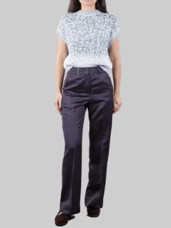 PANTALONI IN MISTO LINO E VISCOSA BLU SCURO CON RISVOLTI AL FONDO