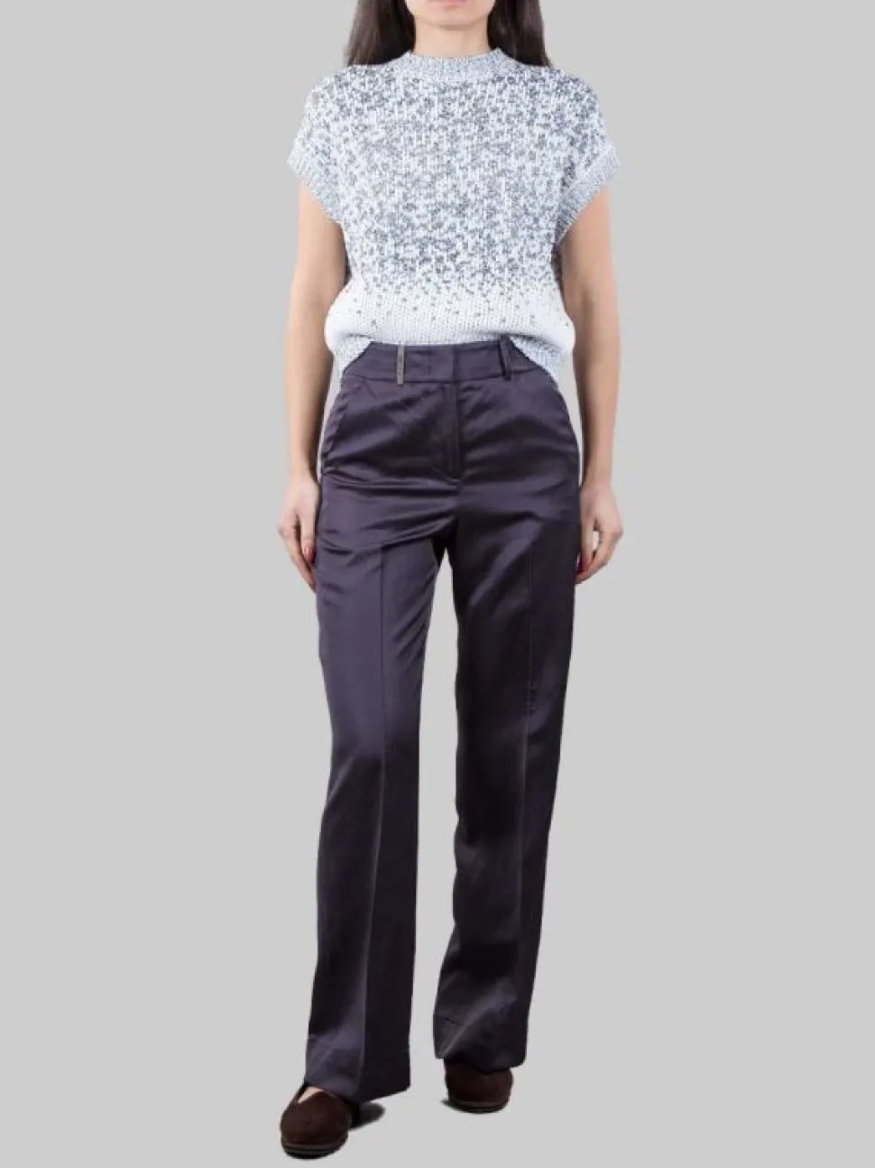 PANTALONI IN MISTO LINO E VISCOSA BLU SCURO CON RISVOLTI AL FONDO