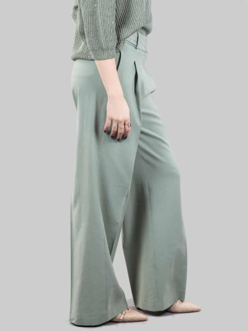 PANTALONI IN MISTO LINO E COTONE VERDE CON PUNTI LUCE