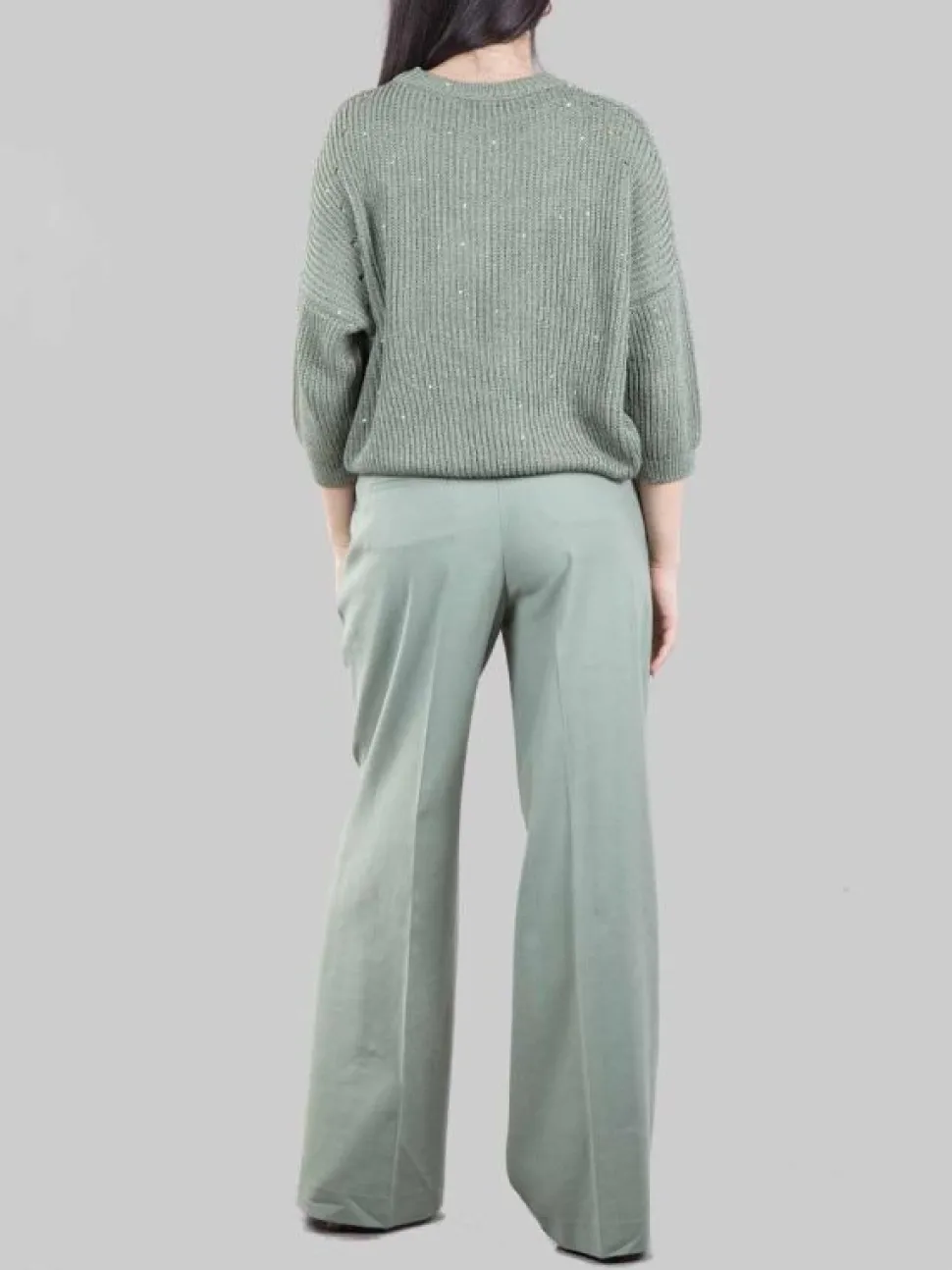 PANTALONI IN MISTO LINO E COTONE VERDE CON PUNTI LUCE