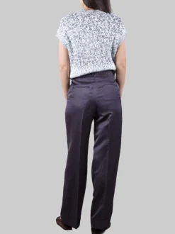 PANTALONI IN MISTO LINO E VISCOSA BLU SCURO CON RISVOLTI AL FONDO
