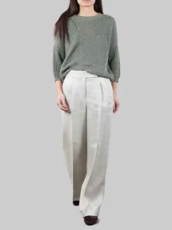 PANTALONI IN MISTO LINO VERDE SALVIA CON RISVOLTI AL FONDO