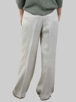 PANTALONI IN MISTO LINO VERDE SALVIA CON RISVOLTI AL FONDO