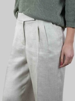 PANTALONI IN MISTO LINO VERDE SALVIA CON RISVOLTI AL FONDO