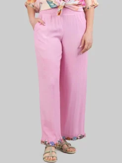 PANTALONI IN MISTO SETA CON DECORAZIONI IN PERLINE, STRASS E PIETRE COLORATE