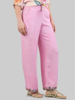 PANTALONI IN MISTO SETA CON DECORAZIONI IN PERLINE, STRASS E PIETRE COLORATE