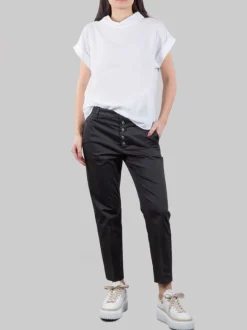 PANTALONI NIMA NERI IN COTONE ELASTICIZZATO CON BOTTONI GIOIELLO
