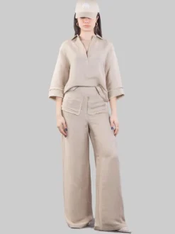 PANTALONI PALAZZO A VITA ALTA IN MISTO LINO CON TASCHE A TOPPA