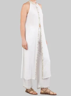 PANTALONI PALAZZO BIANCHI CON DECORAZIONI IN PERLINE, STRASS E PERLE