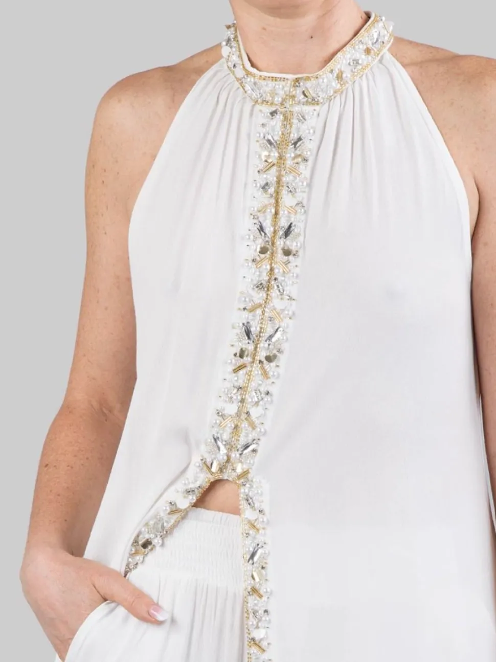 PANTALONI PALAZZO BIANCHI CON DECORAZIONI IN PERLINE, STRASS E PERLE