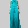 PANTALONI PALAZZO VERDE BALMAIN IN RASO FLUIDO A VITA ALTA
