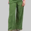 PANTALONI PALAZZO VERDI CON DECORAZIONI IN PERLINE, STRASS E PIETRE COLORATE