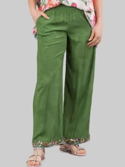 PANTALONI PALAZZO VERDI CON DECORAZIONI IN PERLINE, STRASS E PIETRE COLORATE