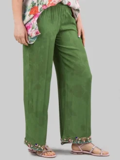 PANTALONI PALAZZO VERDI CON DECORAZIONI IN PERLINE, STRASS E PIETRE COLORATE