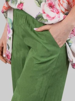 PANTALONI PALAZZO VERDI CON DECORAZIONI IN PERLINE, STRASS E PIETRE COLORATE