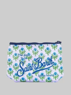 POCHETTE IN SCUBA A FANTASIA FLOREALE SU FONDO LILLA