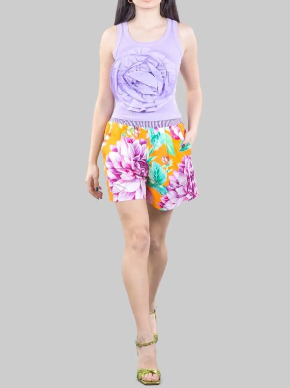 SHORTS IN COTONE A FANTASIA RIGHE E FIORI CON ELASTICO IN VITA