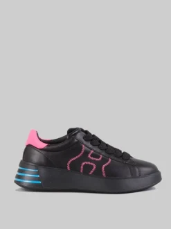 SNEAKER REBEL IN PELLE LISCIA NERA CON DETTAGLI FUXIA E AZZURRO