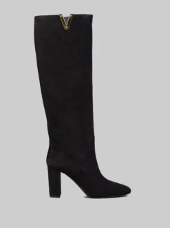 STIVALI NERI IN PELLE SCAMOSCIATA VELOUR CON "V" ORO