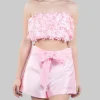 TOP A FASCIA ELASTICIZZATO ROSA DECORATO CON PETALI DI FIORI IN TESSUTO
