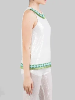 TOP BIANCO SENZA MANICHE CON PAILLETTES E PROFILI DECORATI