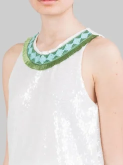 TOP BIANCO SENZA MANICHE CON PAILLETTES E PROFILI DECORATI