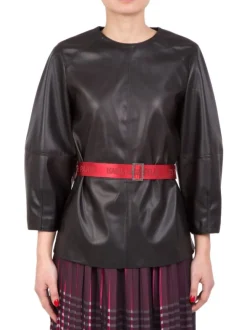 TOP IN ECOPELLE NERO CON CINTURA IN VITA A CONTRASTO DI COLORE