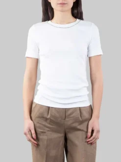T-SHIRT BIANCA GIROCOLLO CON DETTAGLIO FILO DI PUNTI LUCE