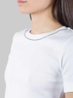 T-SHIRT BIANCA GIROCOLLO CON DETTAGLIO FILO DI PUNTI LUCE