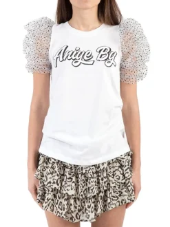 T-SHIRT BIANCA IN COTONE CON MANICHE IN TULLE A POIS