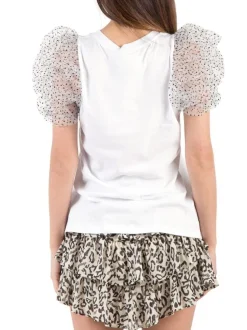 T-SHIRT BIANCA IN COTONE CON MANICHE IN TULLE A POIS