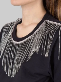 T-SHIRT CORTA NERA CON FRANGE DI STRASS