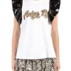 T-SHIRT IN COTONE CON MANICHE CORTE NERE CON VOLANT IN ECOPELLE